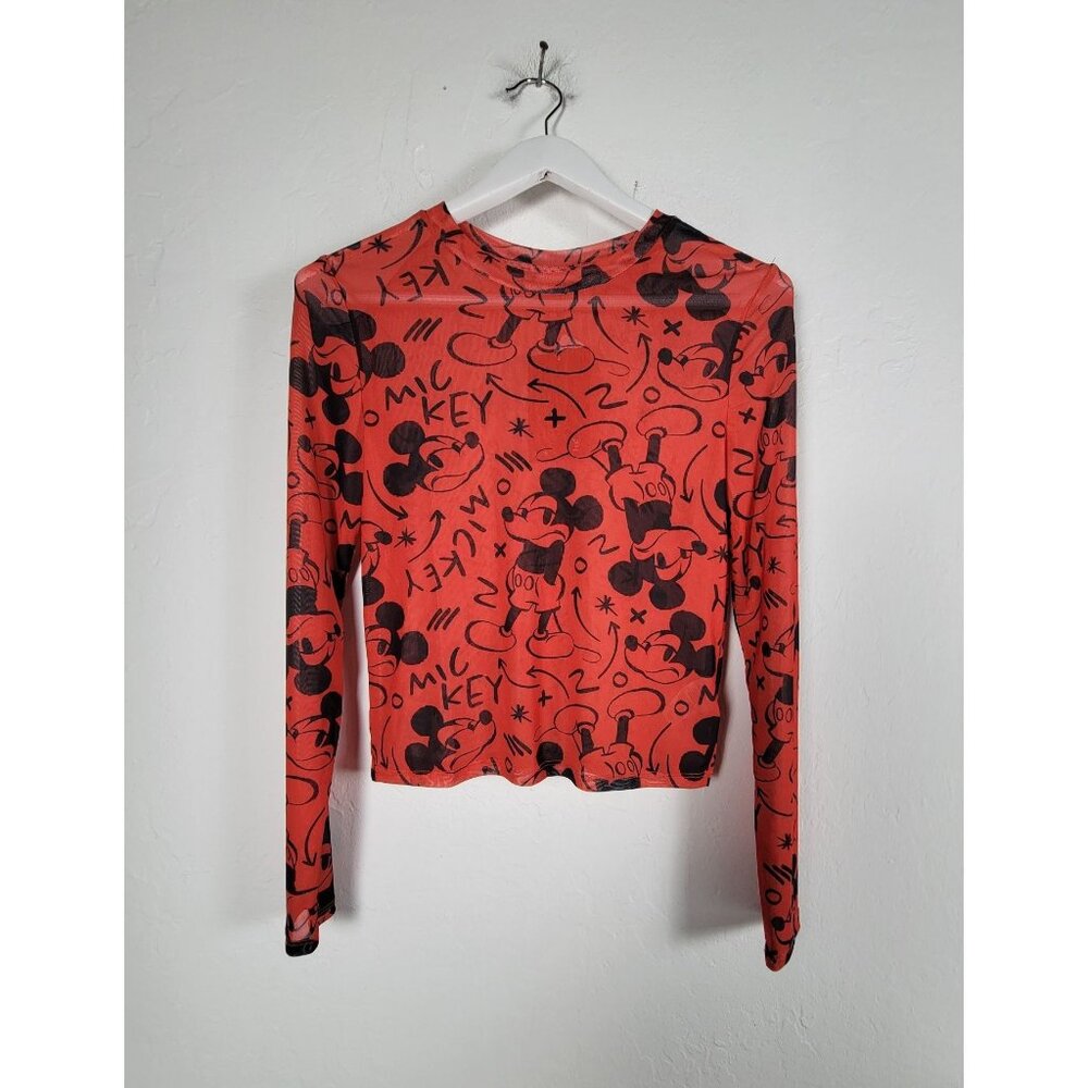 Disney Mickey Mouse Kids Red Graphic Long Sleeve Cropped Top Large Stretch New